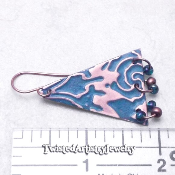 Teal Enameled Copper Triangle Chandelier Earrings - Picture 4 of 4